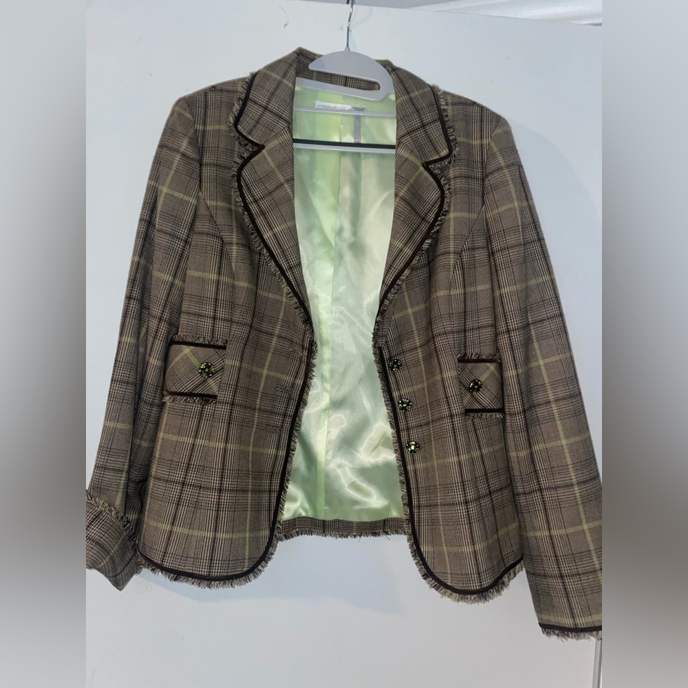 Women’s Classiques Entier Green And Brown Blazer Sz 8 With Frayed Edges